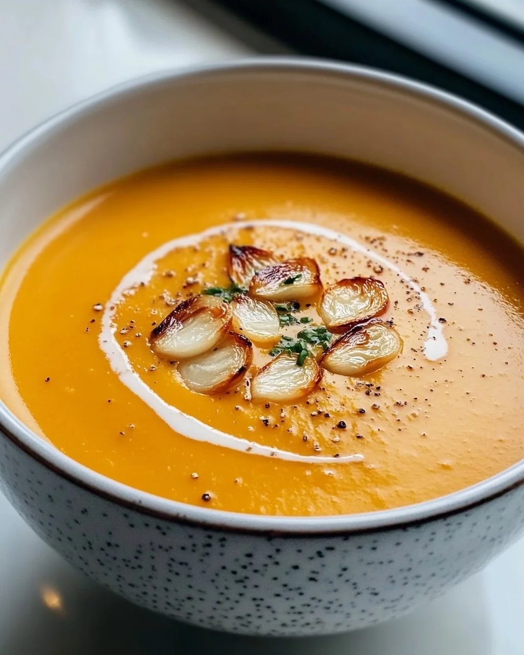 Aromatische Hokkaido Kürbissuppe mit geröstetem Knoblauchöl