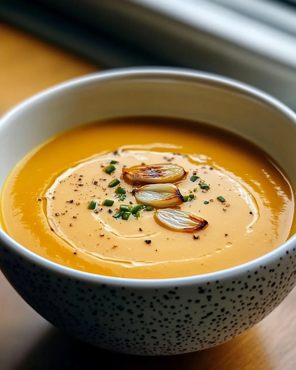 Aromatische Hokkaido Kürbissuppe mit geröstetem Knoblauchöl