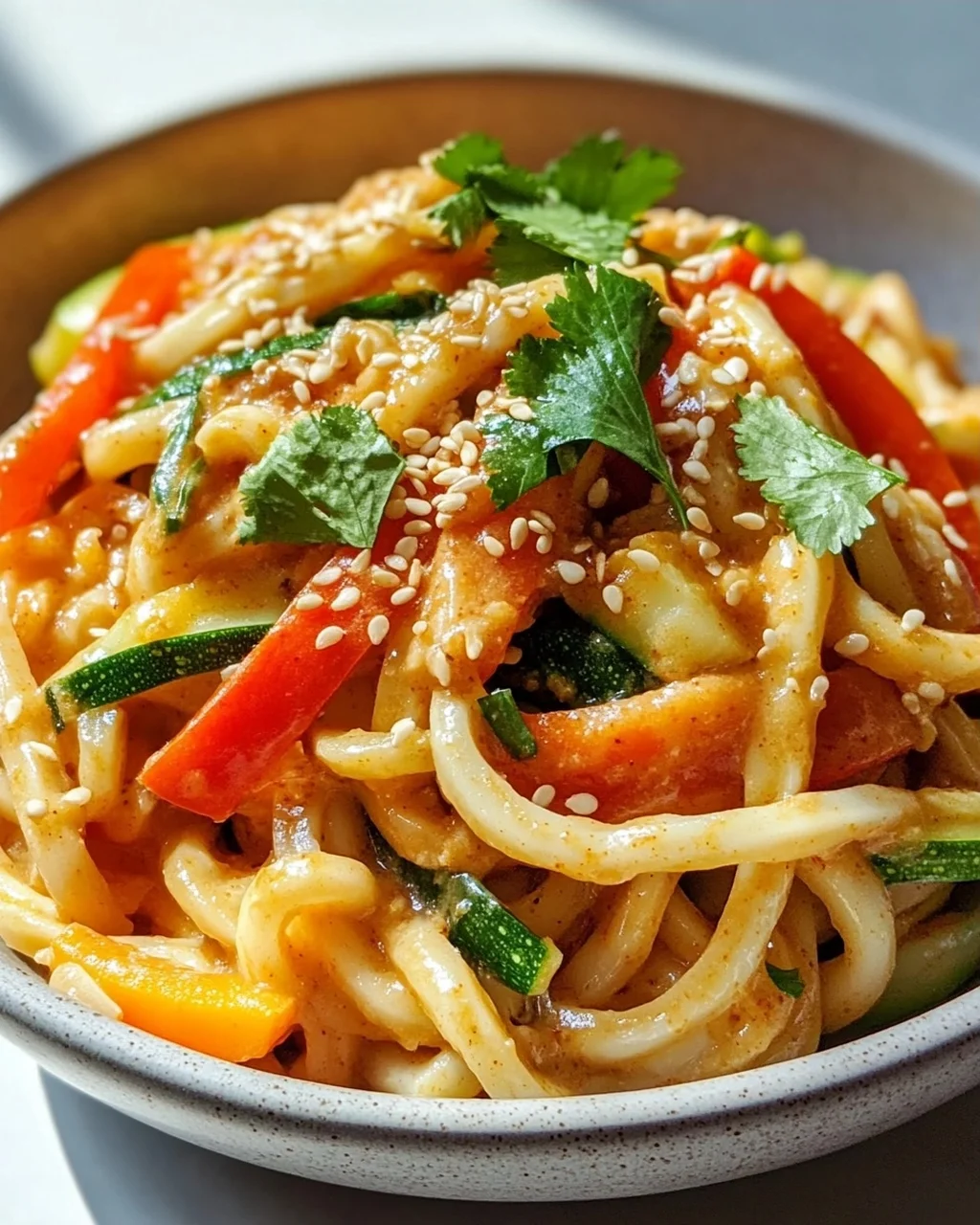Asiatische Udon Nudeln mit Erdnusssauce und frischem Gemüse