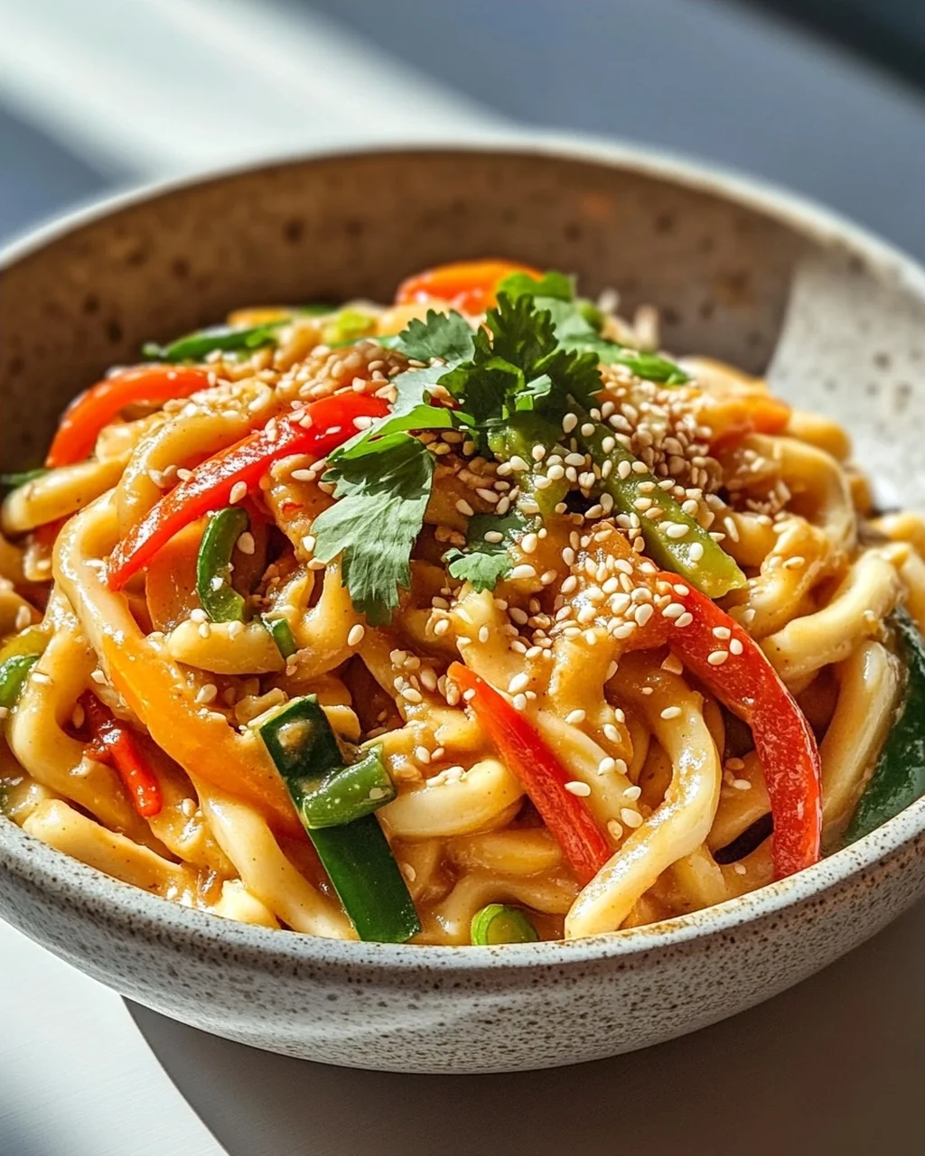Asiatische Udon Nudeln mit Erdnusssauce und frischem Gemüse