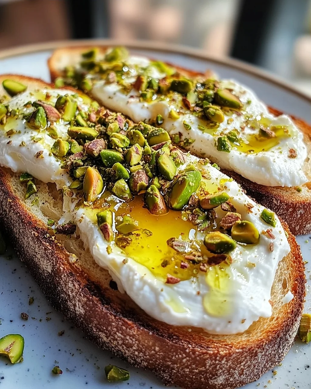 Burrata-Toast mit Pistazien und heißem Honig
