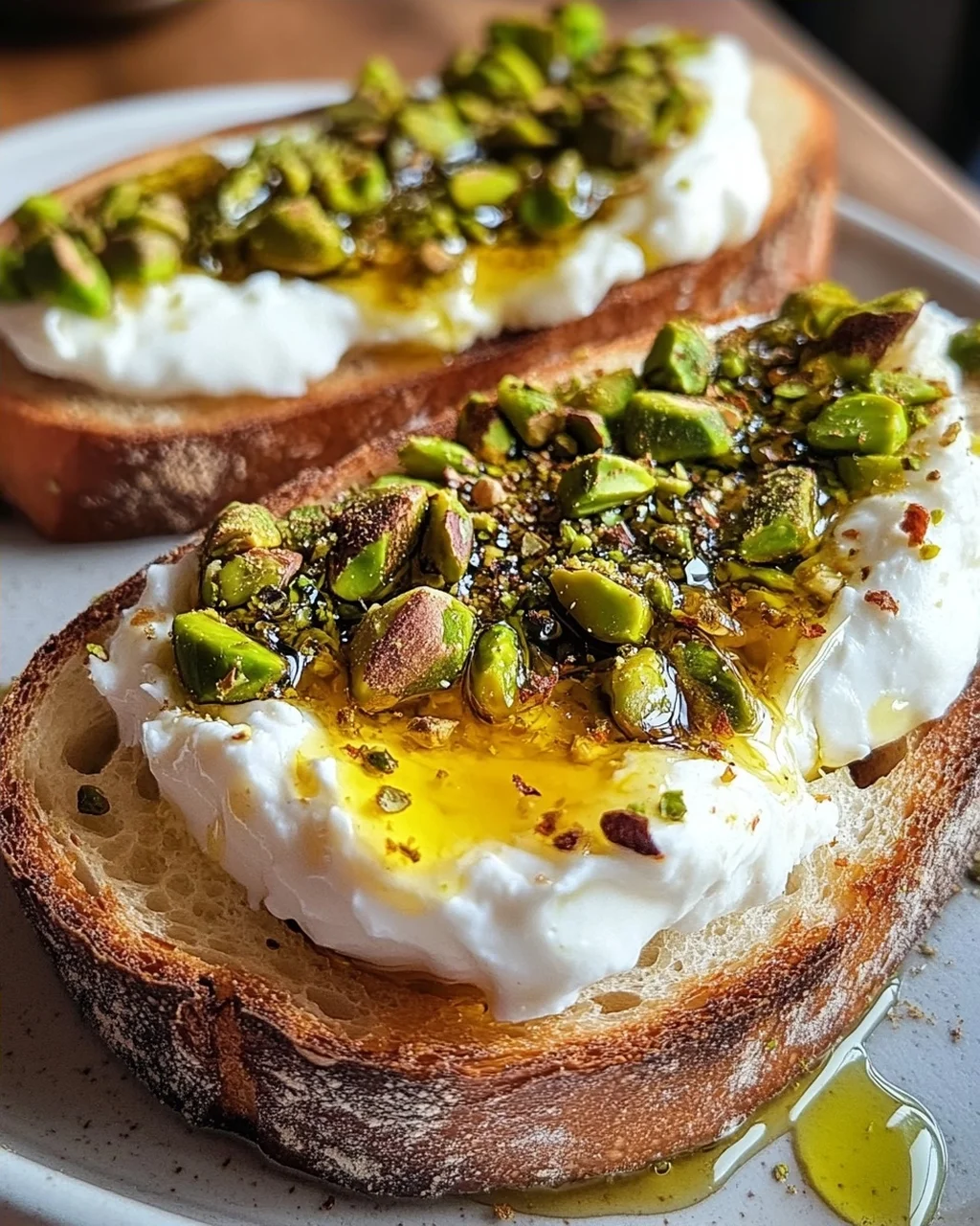 Burrata-Toast mit Pistazien und heißem Honig