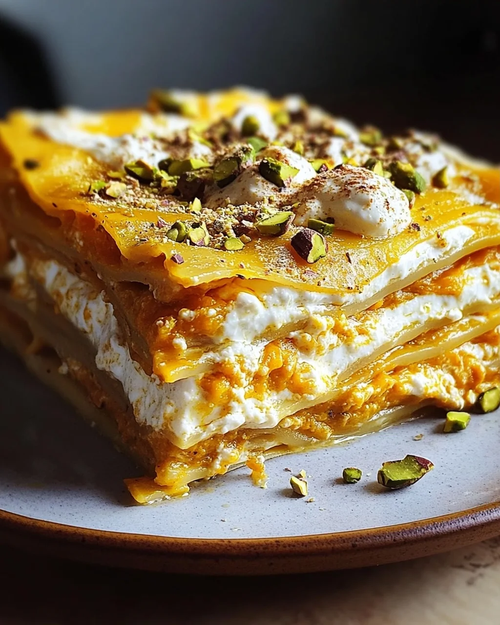 Cremige Kürbislasagne mit Ricotta und Pistazien