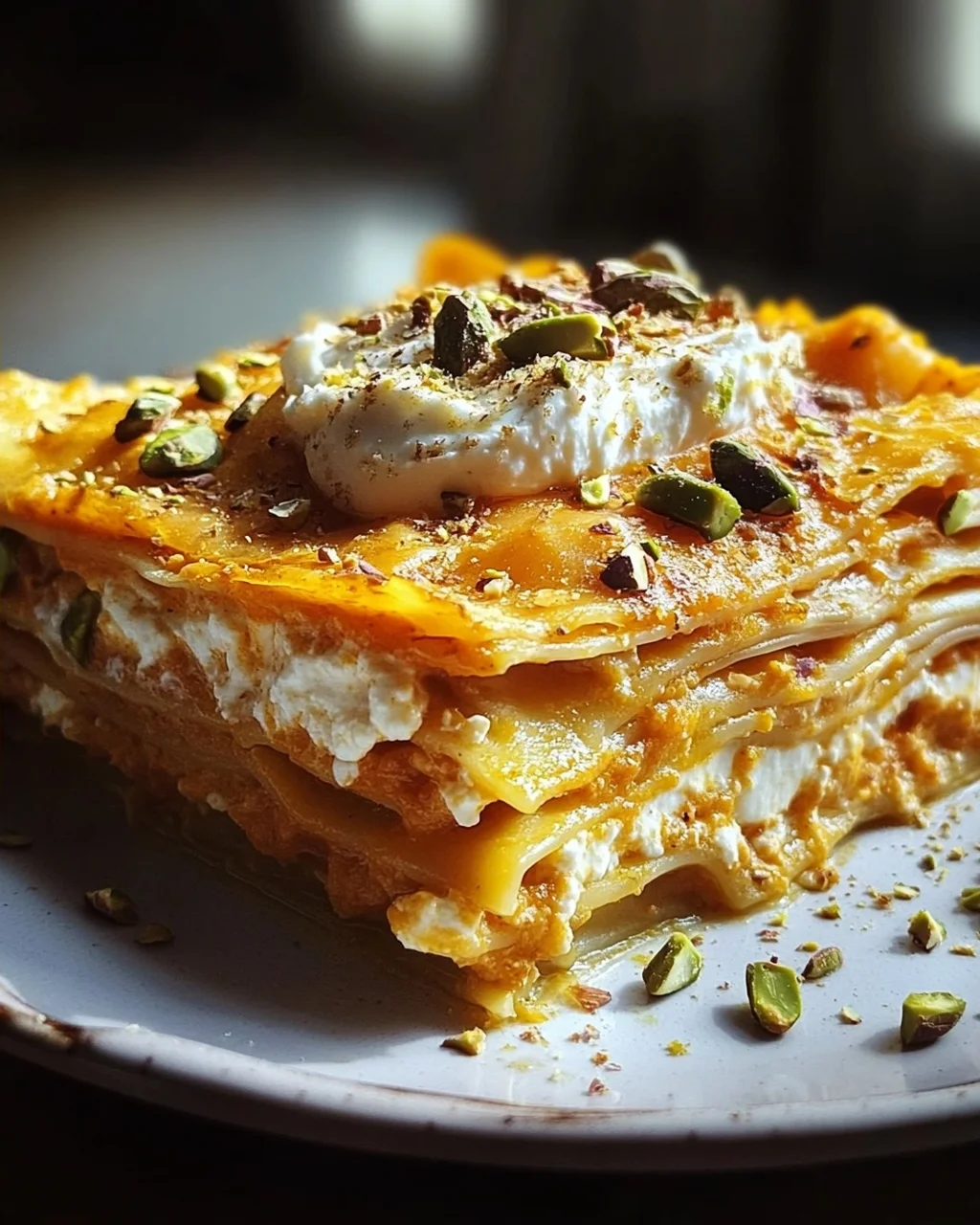 Cremige Kürbislasagne mit Ricotta und Pistazien