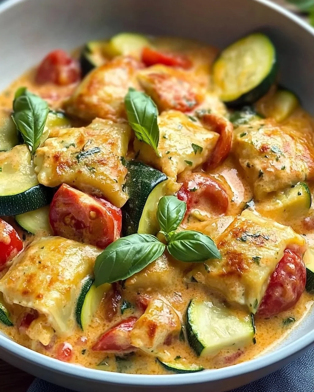Cremige Maultaschenpfanne mit Zucchini und Tomaten genießen