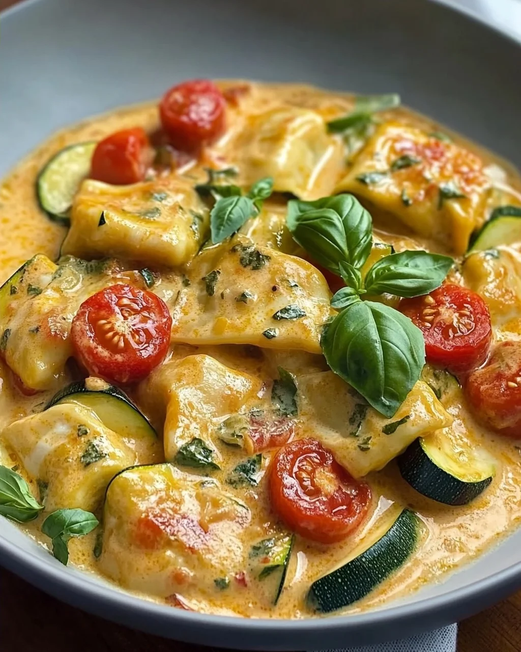 Cremige Maultaschenpfanne mit Zucchini und Tomaten genießen
