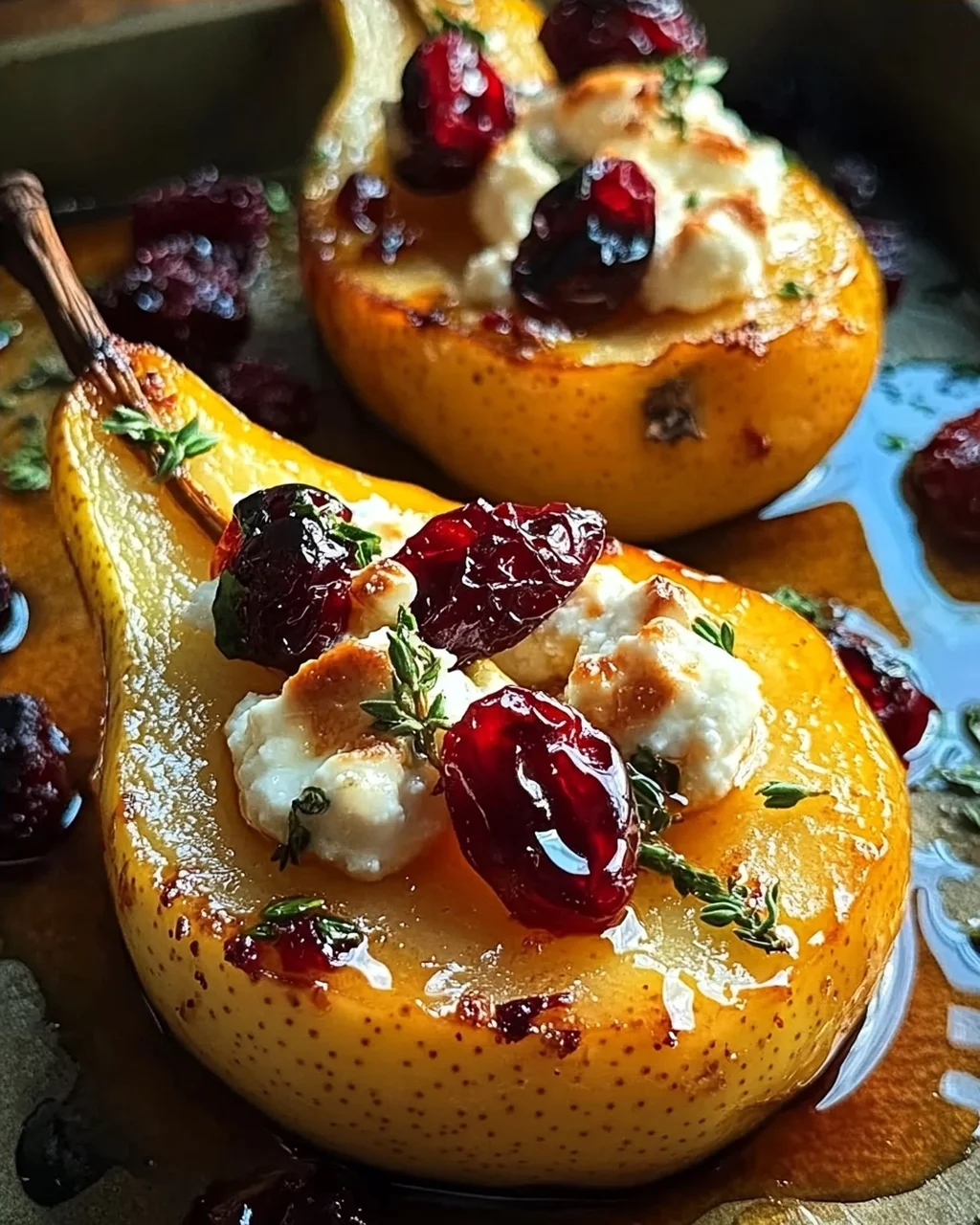 Gebackene Birnen mit Ziegenkäse, Honig & Preiselbeeren