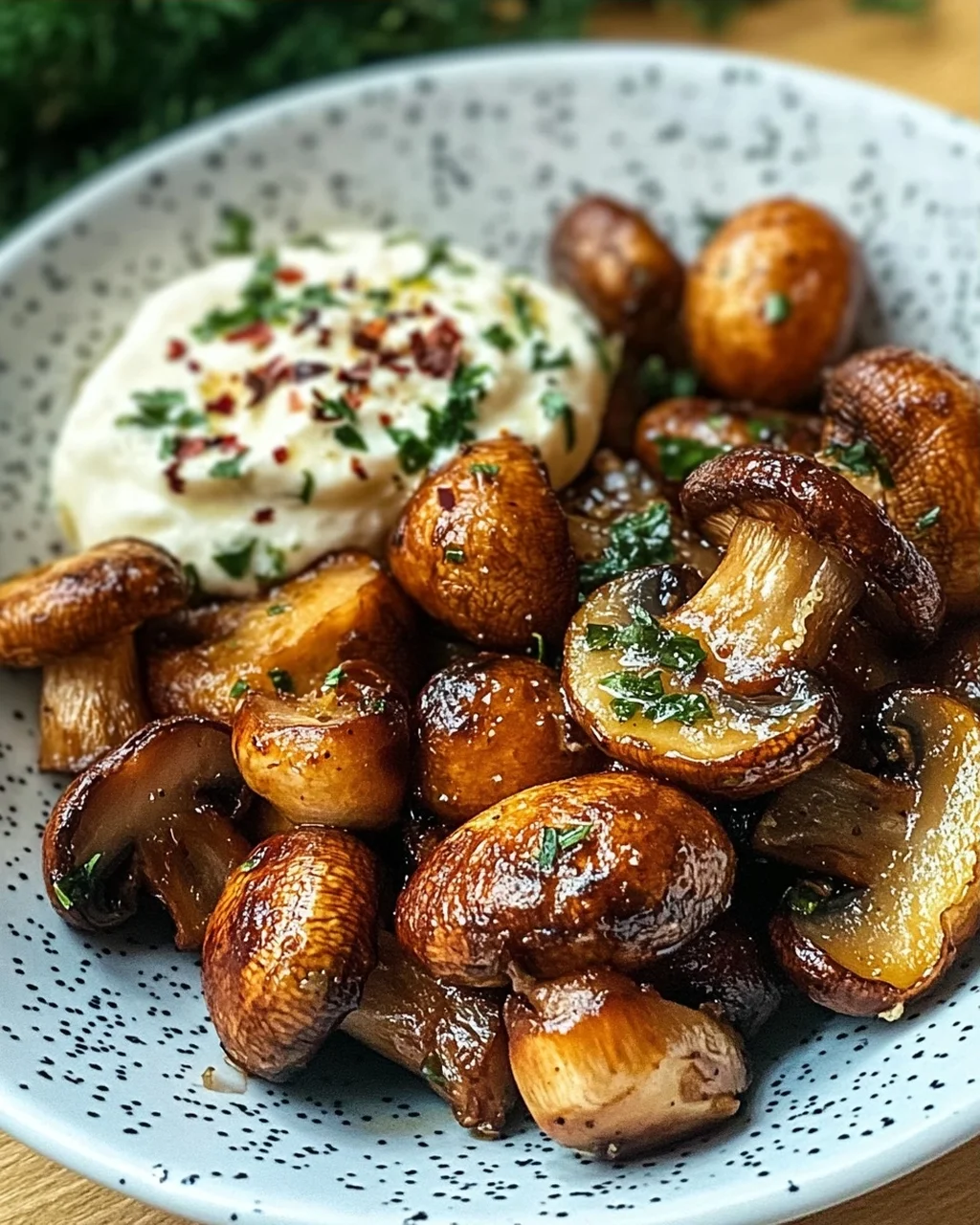 Gebratene Champignons mit Knoblauchdip (Rezept wie vom Weihnachtsmarkt)
