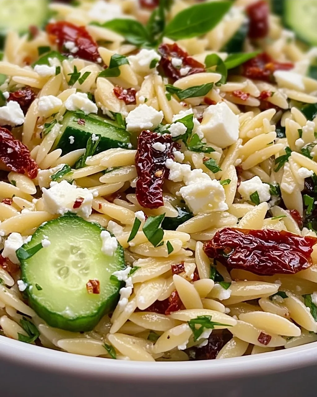 Hausgemachter Orzo Salat mit Feta & Getrockneten Tomaten