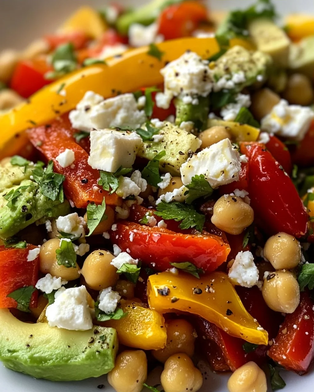 Kichererbsen-Feta-Avocado-Salat mit gerösteten Paprika