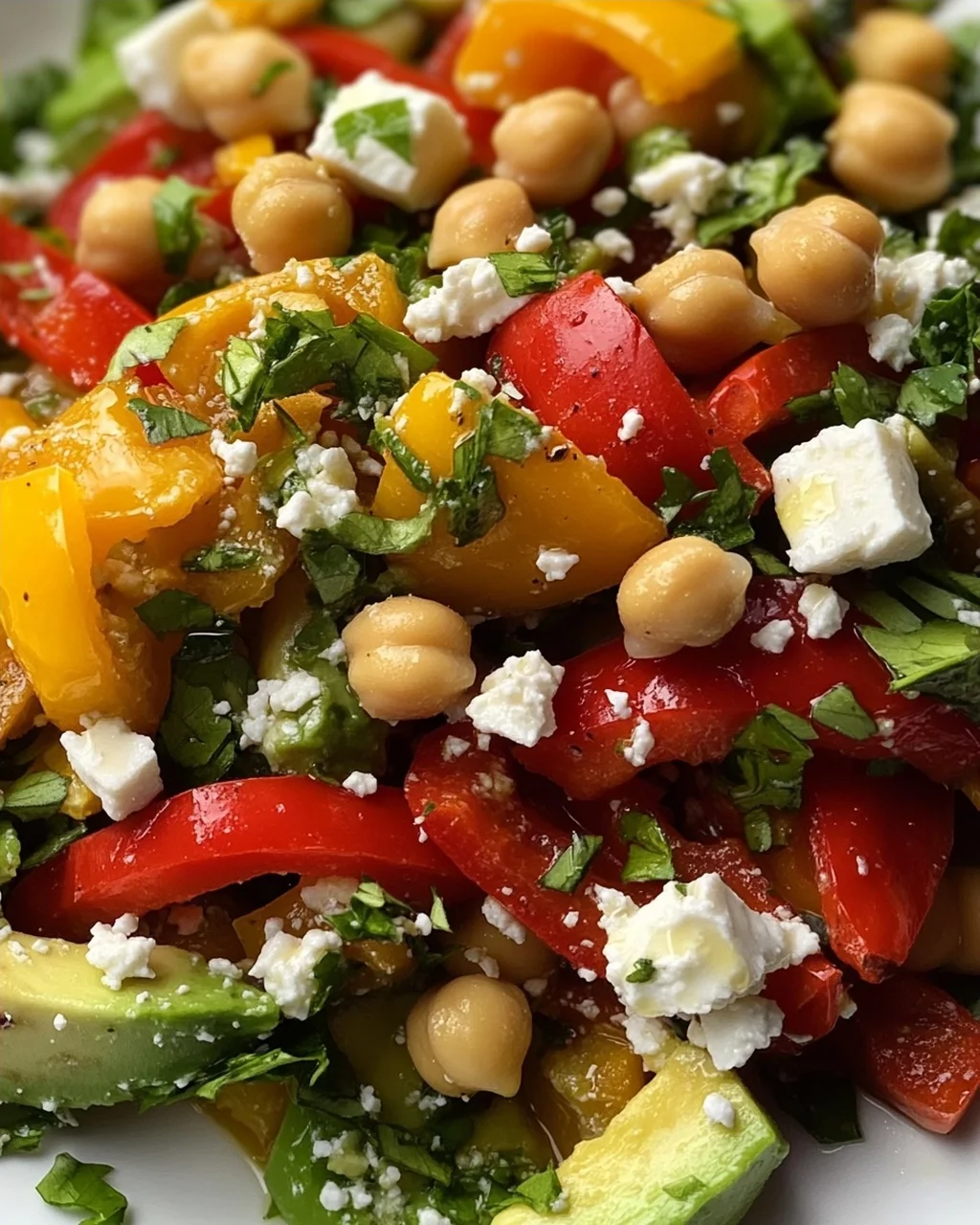 Kichererbsen-Feta-Avocado-Salat mit gerösteten Paprika