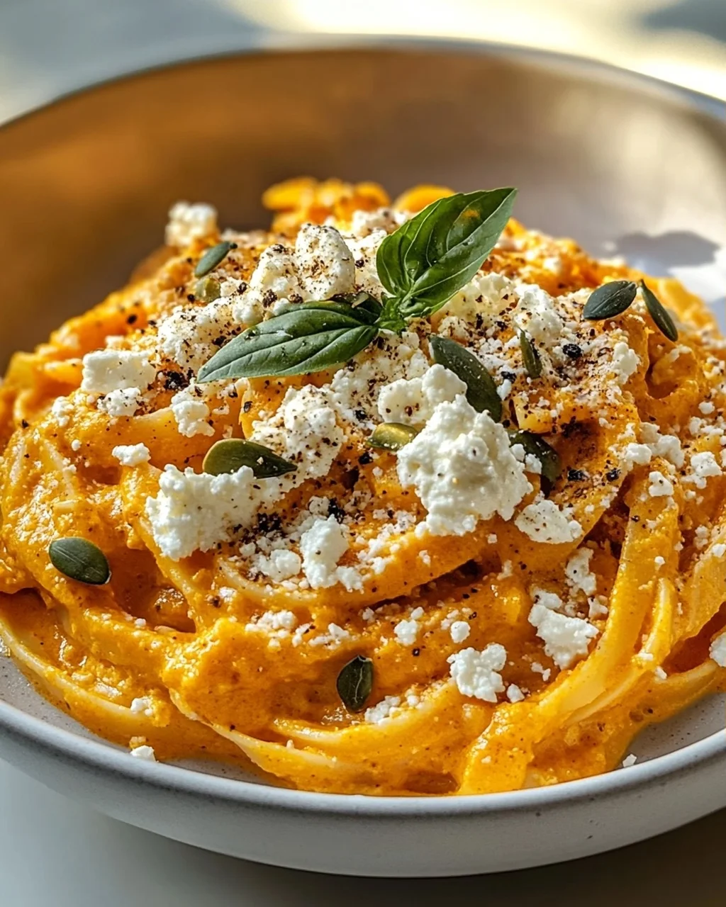 Kürbis-Feta-Pasta: Cremig, aromatisch, mit knusprigen Kernen