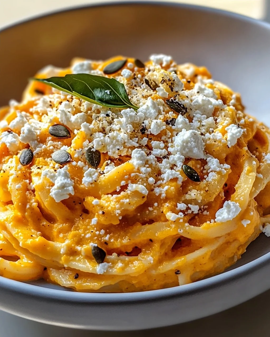 Kürbis-Feta-Pasta: Cremig, aromatisch, mit knusprigen Kernen
