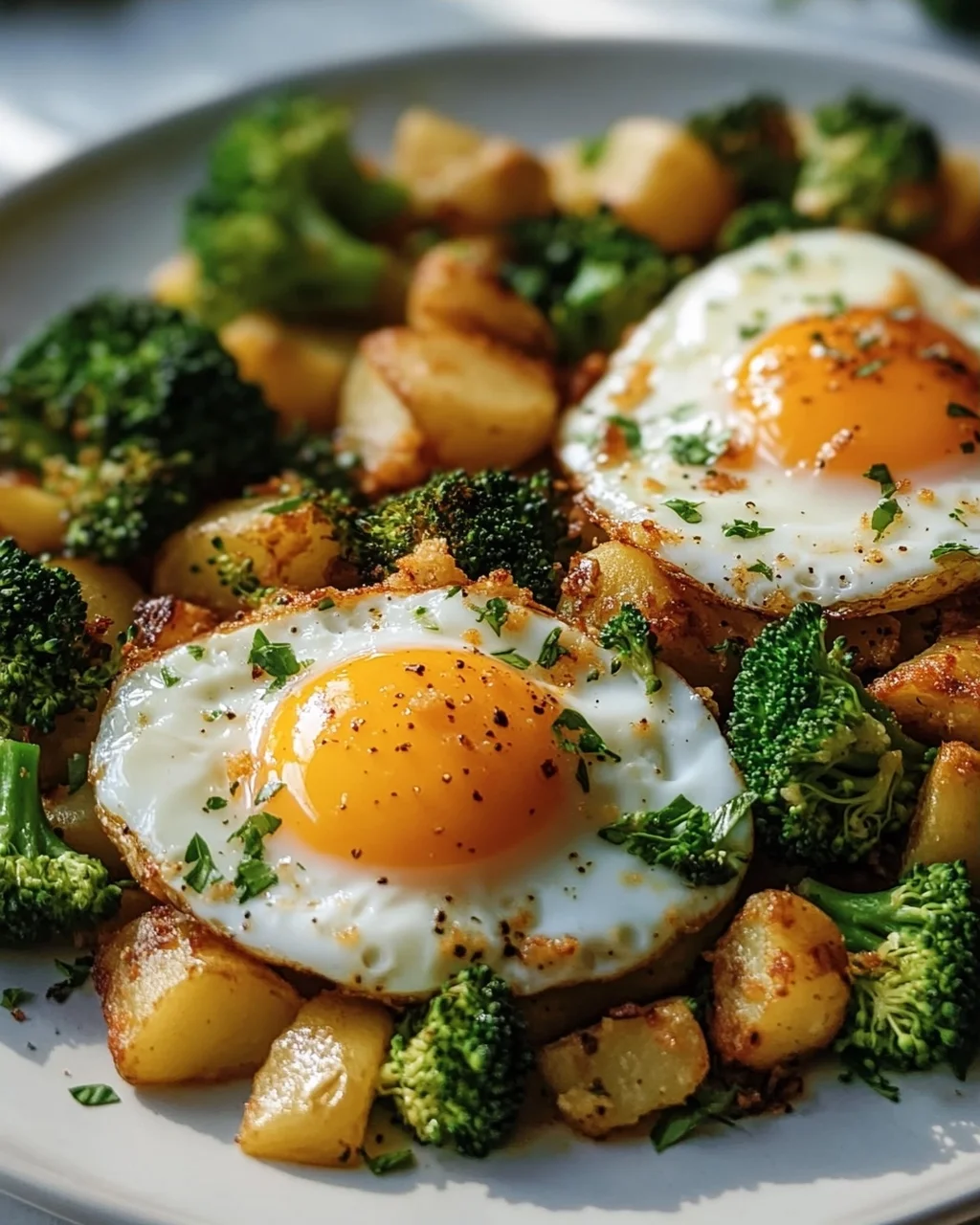 Leckeres Kartoffel-Brokkoli Frühstücks-Hash mit Spiegeleiern