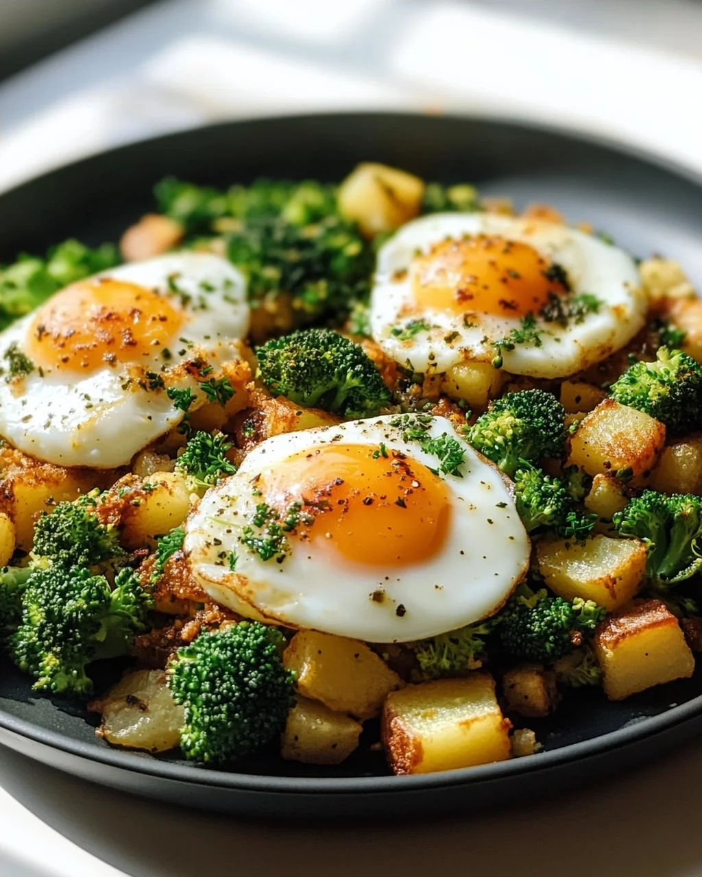 Leckeres Kartoffel-Brokkoli Frühstücks-Hash mit Spiegeleiern