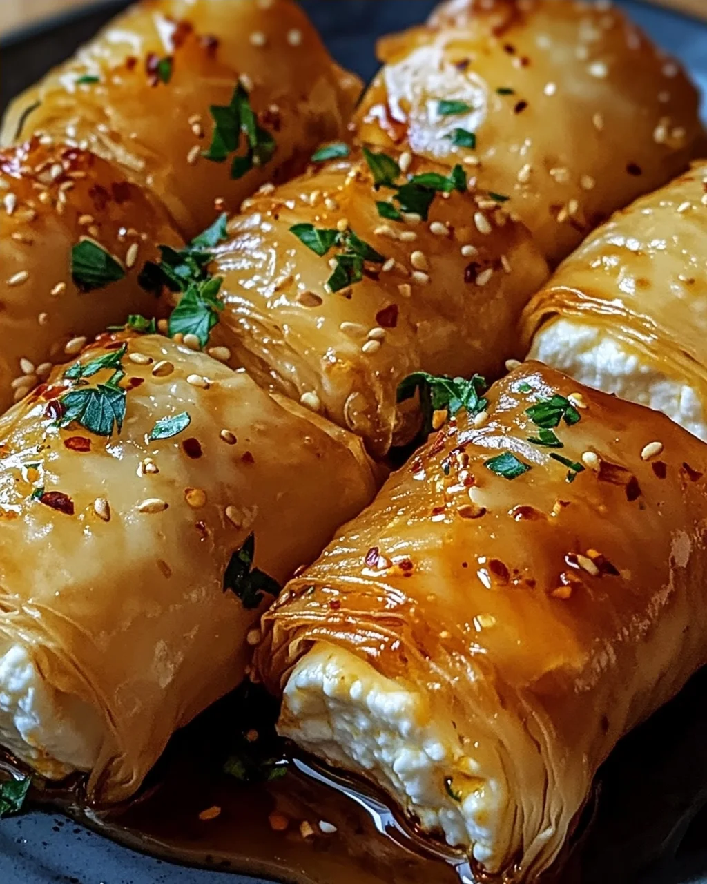Ofenfrittierte Feta-Röllchen mit Chili-Honig Snacktraum