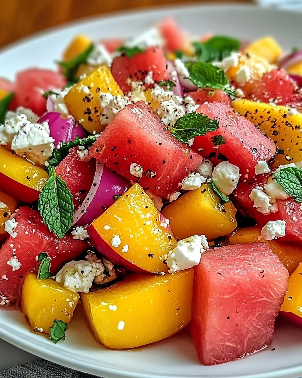 Pfirsich Wassermelonen Salat für heiße Sommertage