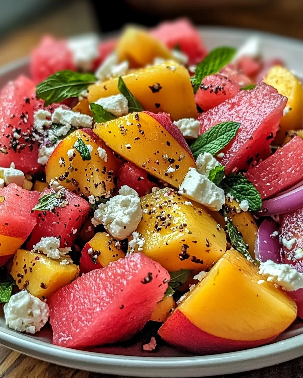 Pfirsich Wassermelonen Salat für heiße Sommertage