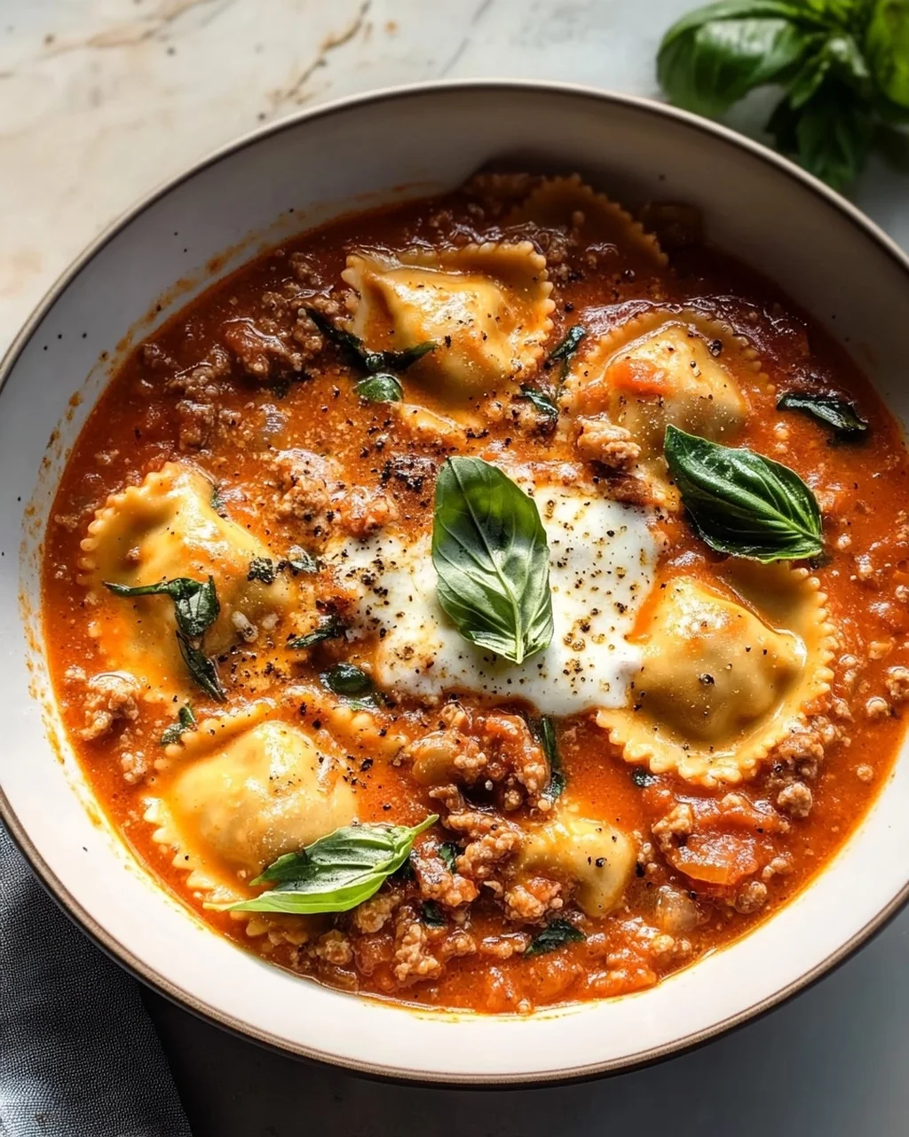 Pizzasuppe mit Hackfleisch & Ravioli in Tomatensahne-Sauce