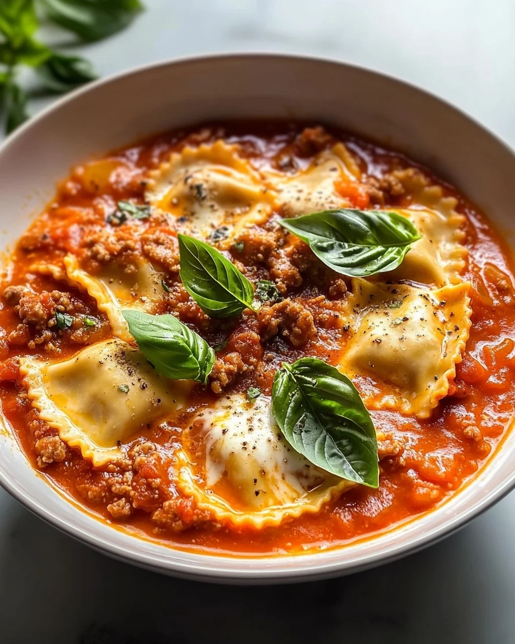 Pizzasuppe mit Hackfleisch & Ravioli in Tomatensahne-Sauce