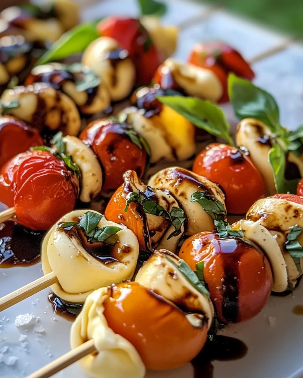 Sommerliche Caprese Tortellini Spieße mit Balsamico-Glasur
