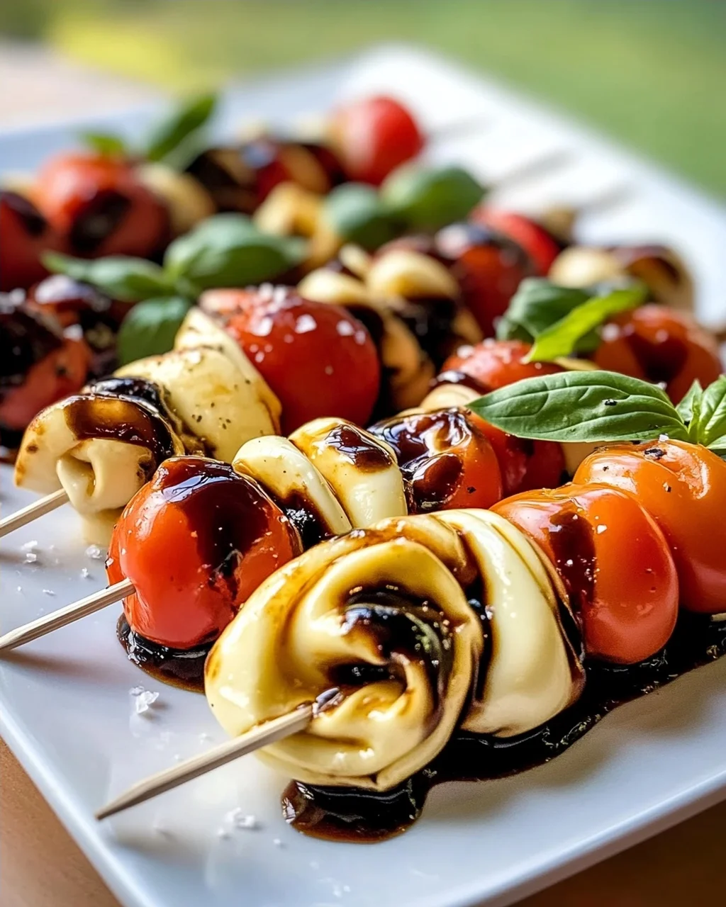 Sommerliche Caprese Tortellini Spieße mit Balsamico-Glasur
