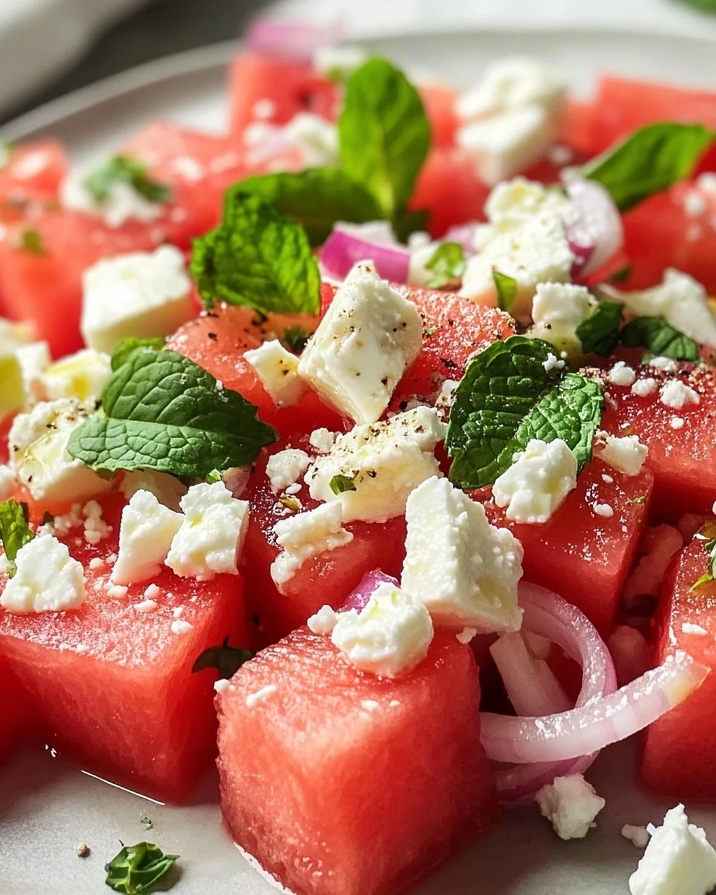 Sommerlicher Wassermelonen Feta Salat mit Minze Rezept