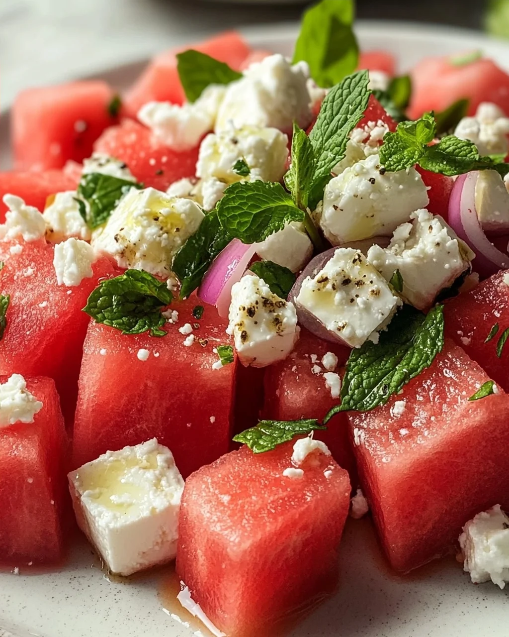 Sommerlicher Wassermelonen Feta Salat mit Minze Rezept