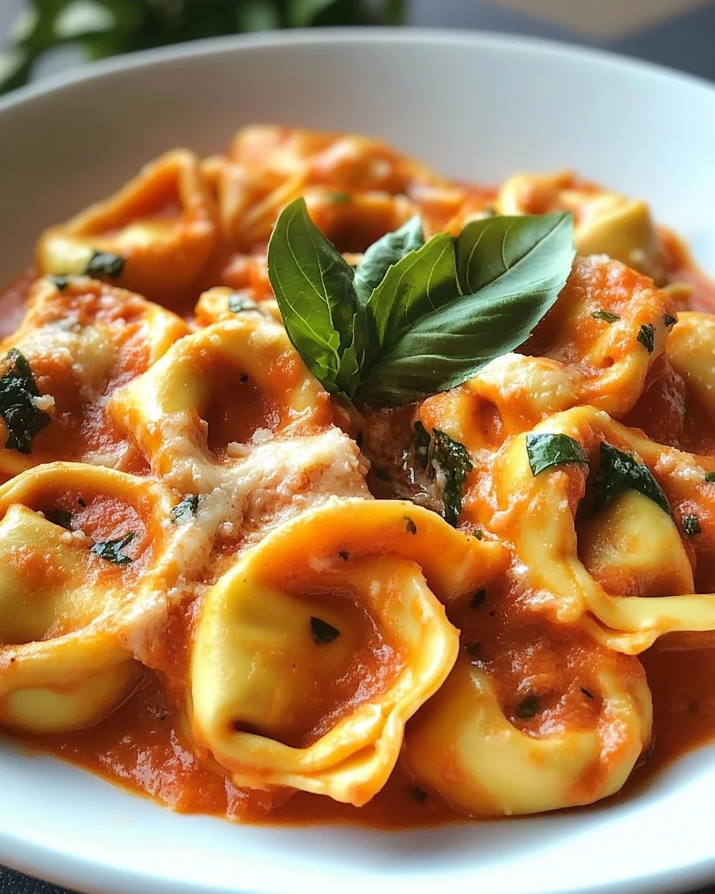 Tortellini mit Tomaten-Sahnesoße, Käse und Basilikum