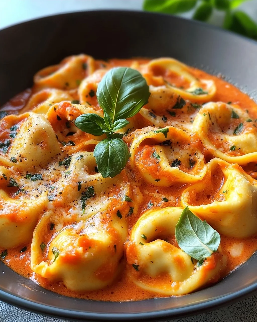 Tortellini mit Tomaten-Sahnesoße, Käse und Basilikum